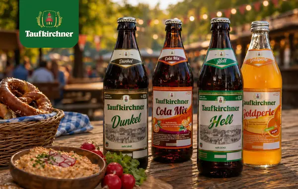 Bierflaschen von Taufkirchner stehen neben Brezeln und Brot auf einem Tisch bei festlicher Atmosphäre in Landshut. | © Taufkirchner