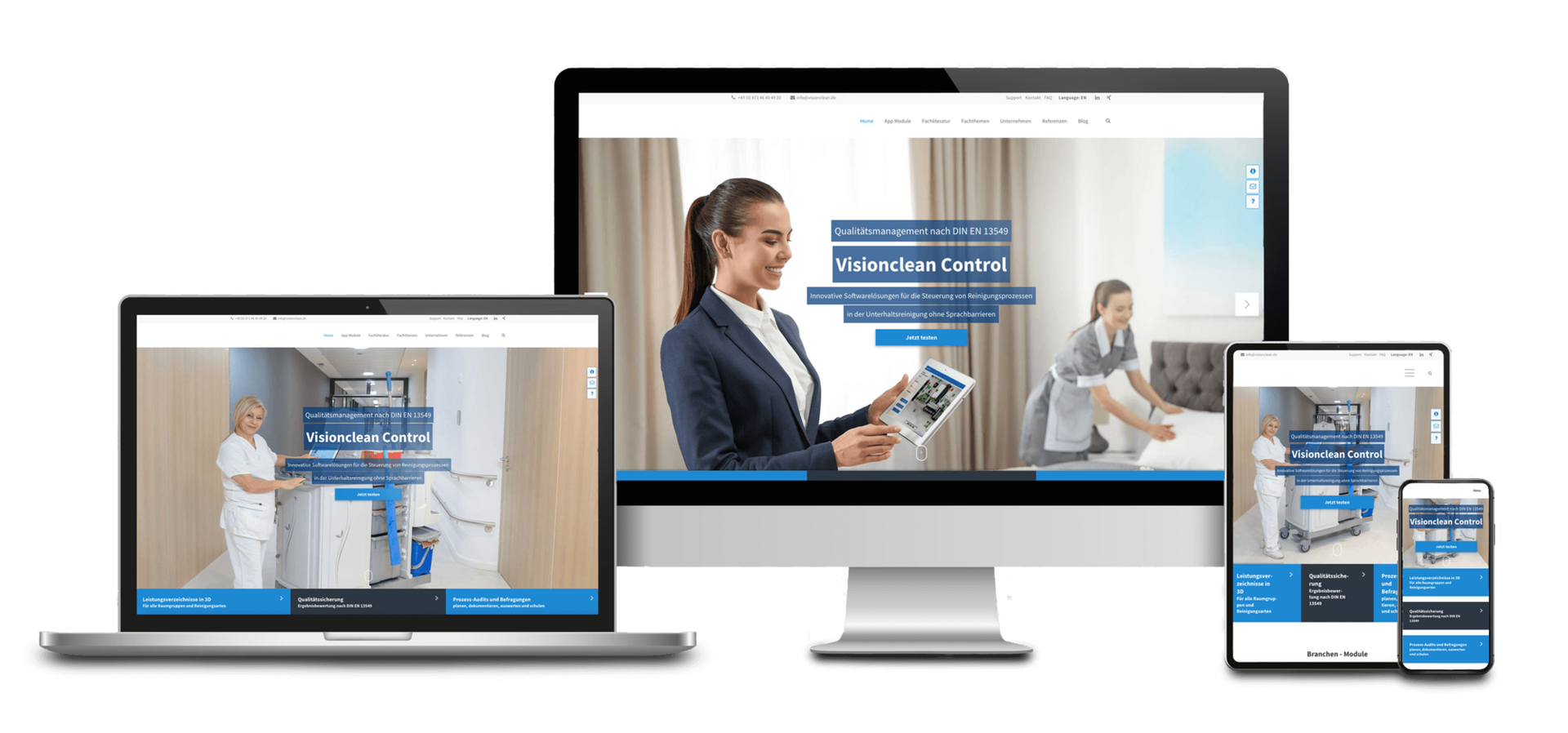 Das Bild zeigt die Website der Firma: "Vision Clean Control" auf verschiedenen Ausgabegeräten