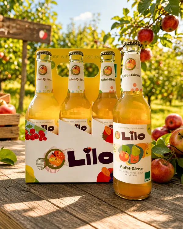 Sechs Flaschen Lilo Apfel-Birne stehen auf einem Tisch im Obstgarten, umgeben von frischen Äpfeln. | © madmoses