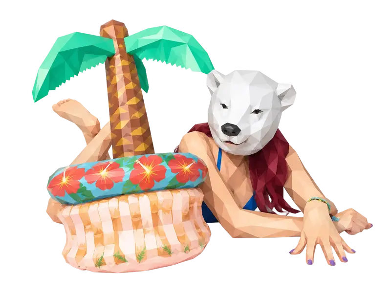 Eine kreative Darstellung mit einem Bärenkopf auf einer Schwimminsel, die modernes Webdesign von madmoses zeigt.