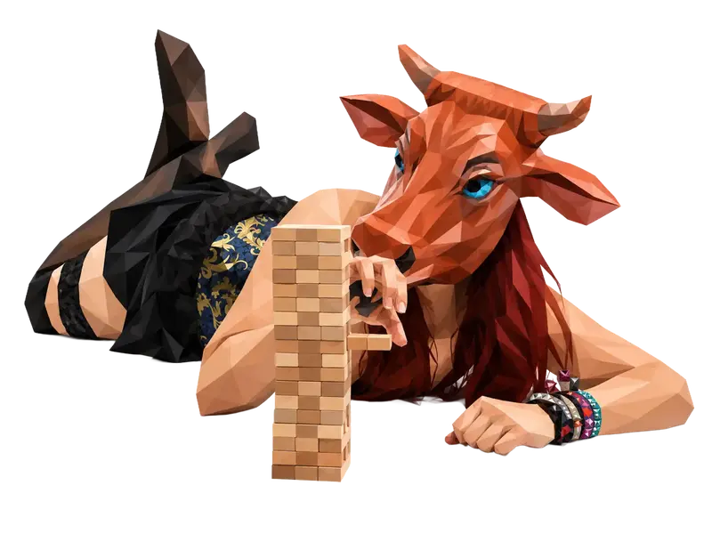 Eine kreative Darstellung einer Person mit Kuhmaske, die Jenga spielt, symbolisiert die Werbeagentur madmoses.