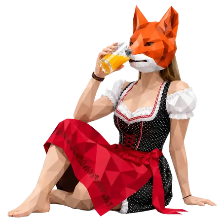 Eine Frau im Dirndl mit einem Füchse-Masken genießt ein Getränk, kreativ im Stil von Werbeagentur madmoses.