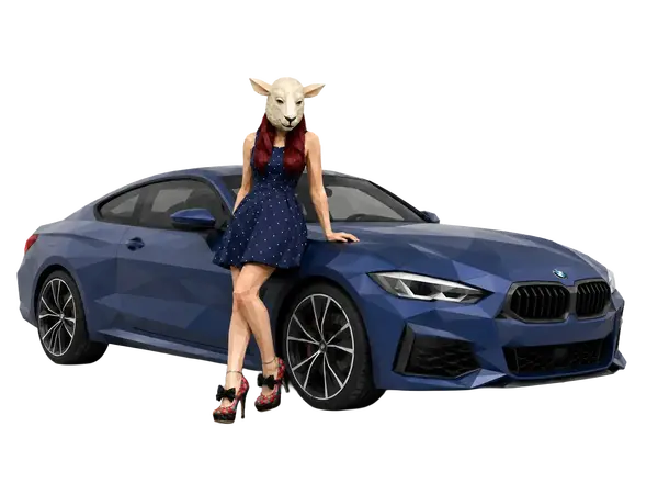 Eine Frau mit einem Schafkopf steht an einem blauen Auto, dargestellt in kreativem Corporate Design von madmoses.