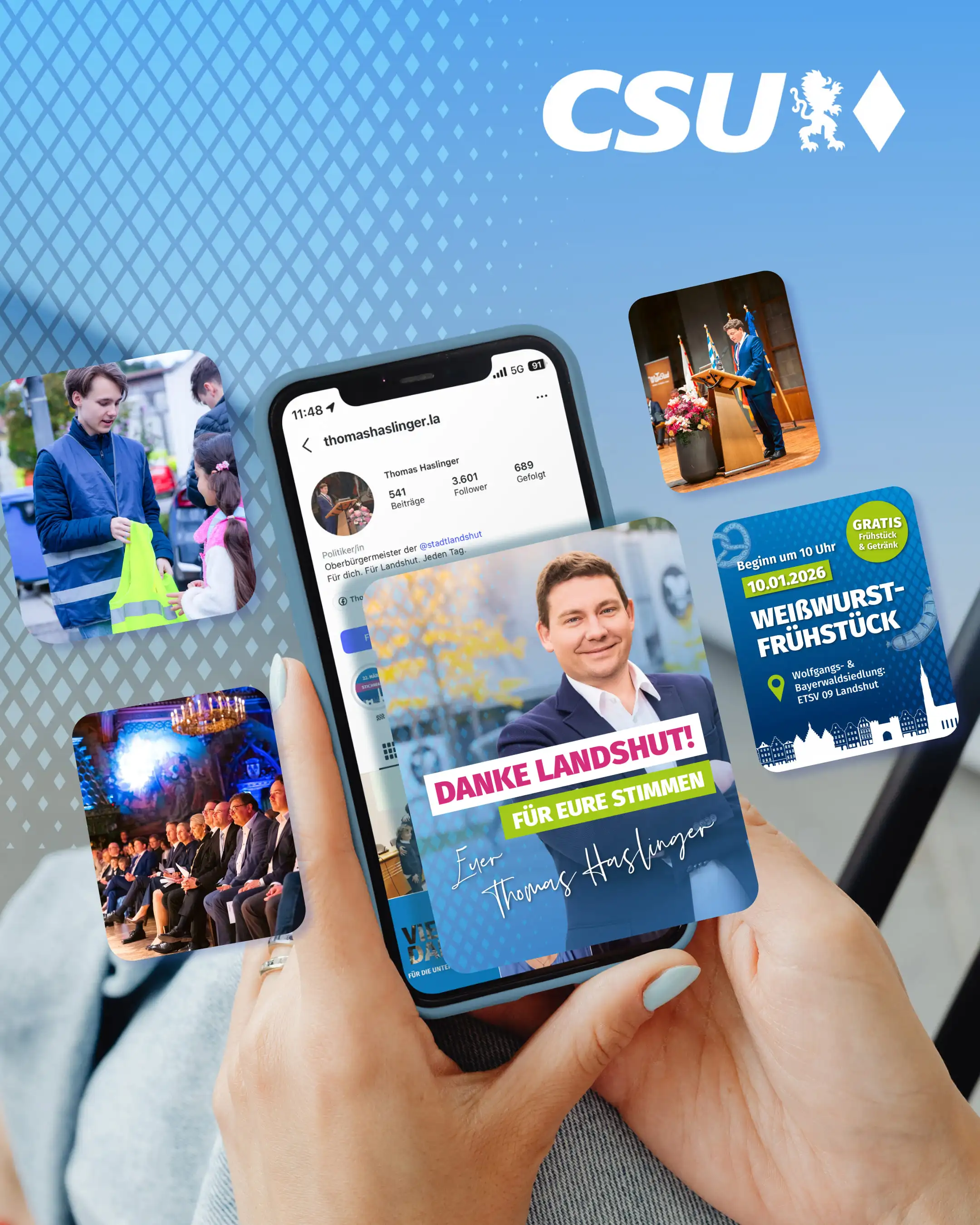 Eine Person nutzt ein Smartphone, um CSU-Inhalte und Veranstaltungen in Landshut zu teilen. | © madmoses